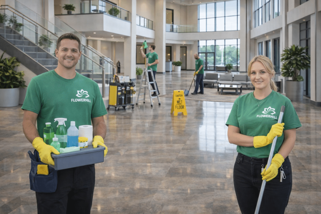 FlowerHill Facility Services team providing commercial cleaning in Plano, TX, with cleaning supplies and equipment.