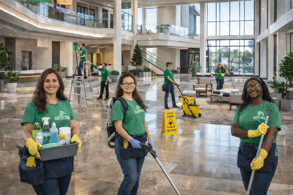 FlowerHill Facility Services cleaning team maintaining a pristine Plano commercial lobby.