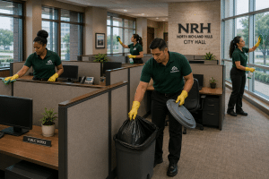 Flower Hill Facility Services day porters cleaning and maintaining a Dallas-Fort Worth office.