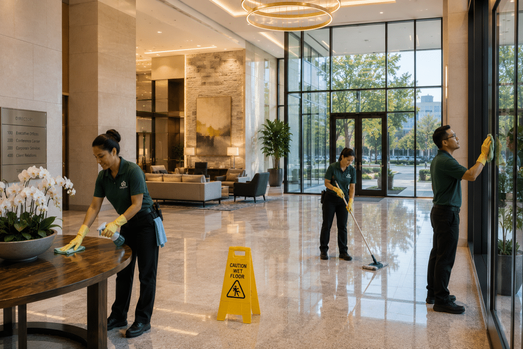 FlowerHill Facility Services cleaning team maintaining a polished commercial facility lobby in Southlake, TX.