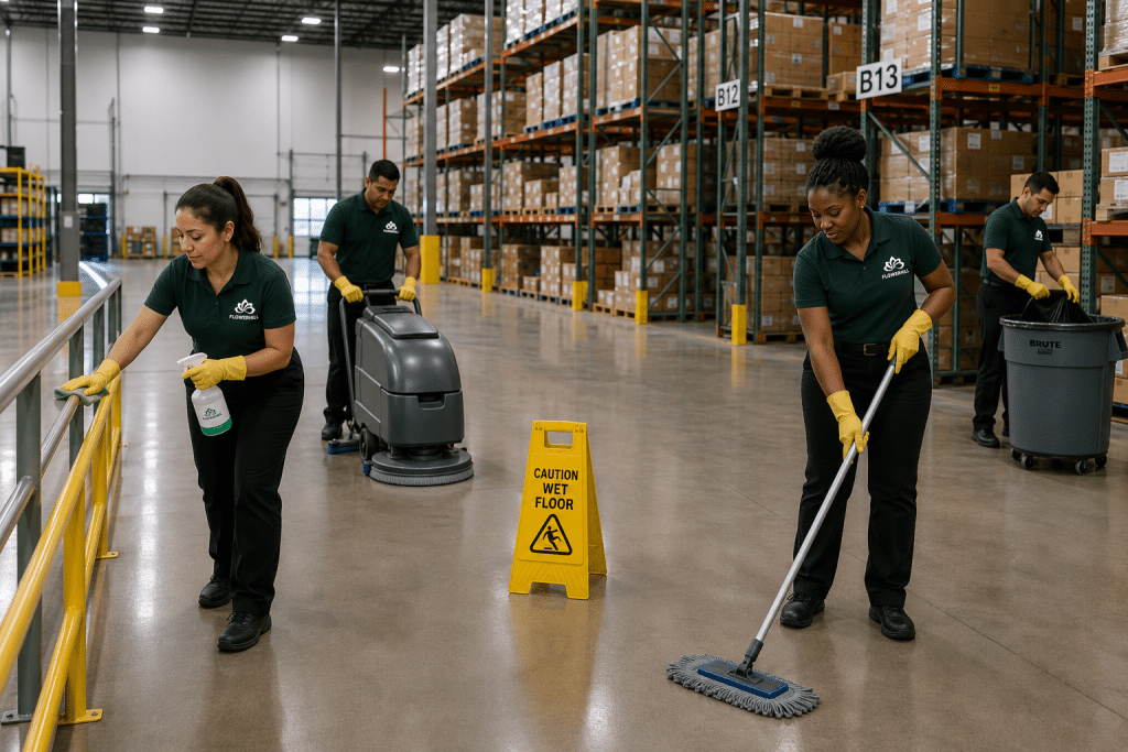 FlowerHill Facility Services cleaning team maintaining a clean industrial warehouse floor.