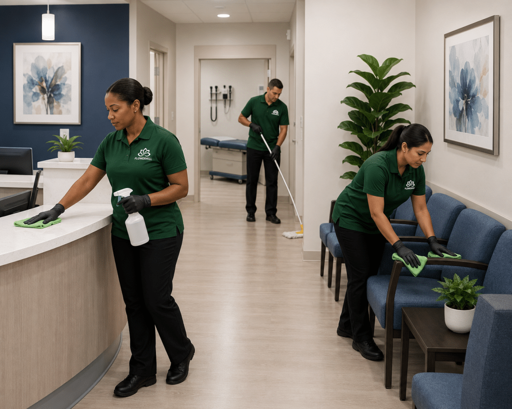 FlowerHill Facility Services staff cleaning medical office waiting area and sanitizing surfaces