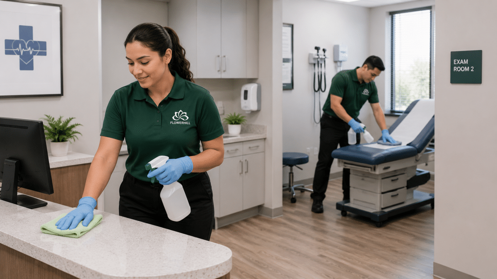 FlowerHill Facility Services cleaning crew in a medical office exam room, providing commercial cleaning services in Fort Worth, TX.