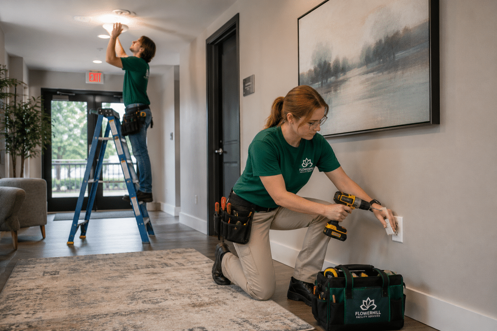 FlowerHill facility maintenance team replacing light fixture and electrical outlet.