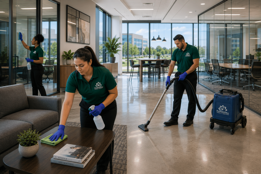 FlowerHill Facility Services cleaning team maintaining a polished commercial office space in Carrollton, TX.
