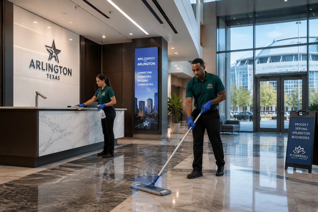 FlowerHill janitorial services team cleaning a modern Arlington, Texas office lobby.