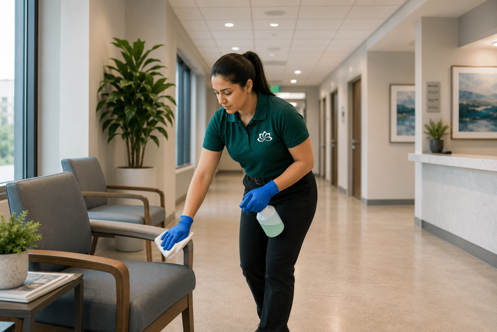 FlowerHill cleaning professional sanitizing chairs in a medical building lobby.