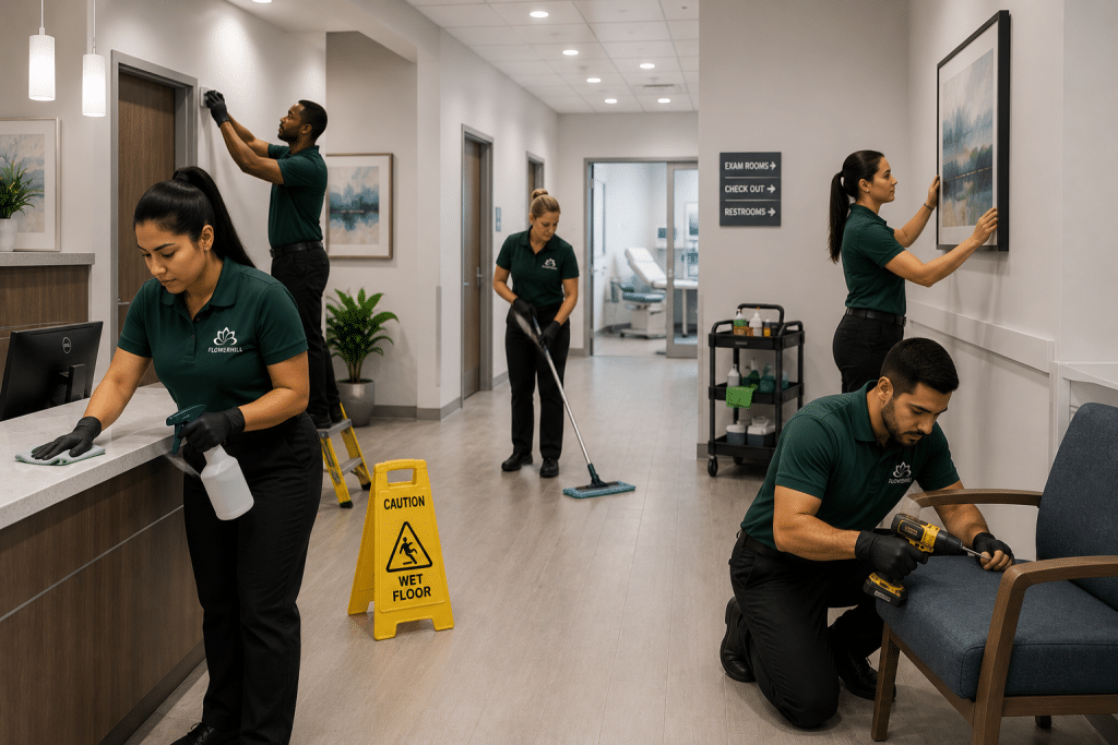 FlowerHill Facility Services cleaning team maintaining medical office hallway and reception area.