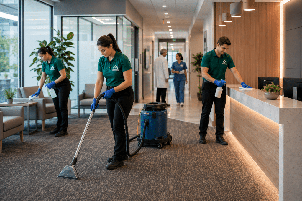 FlowerHill Facility Services staff cleaning a medical office building reception area and hallway.