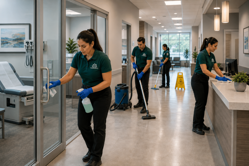 FlowerHill Facility Services cleaning team sanitizing medical office hallway and reception area.