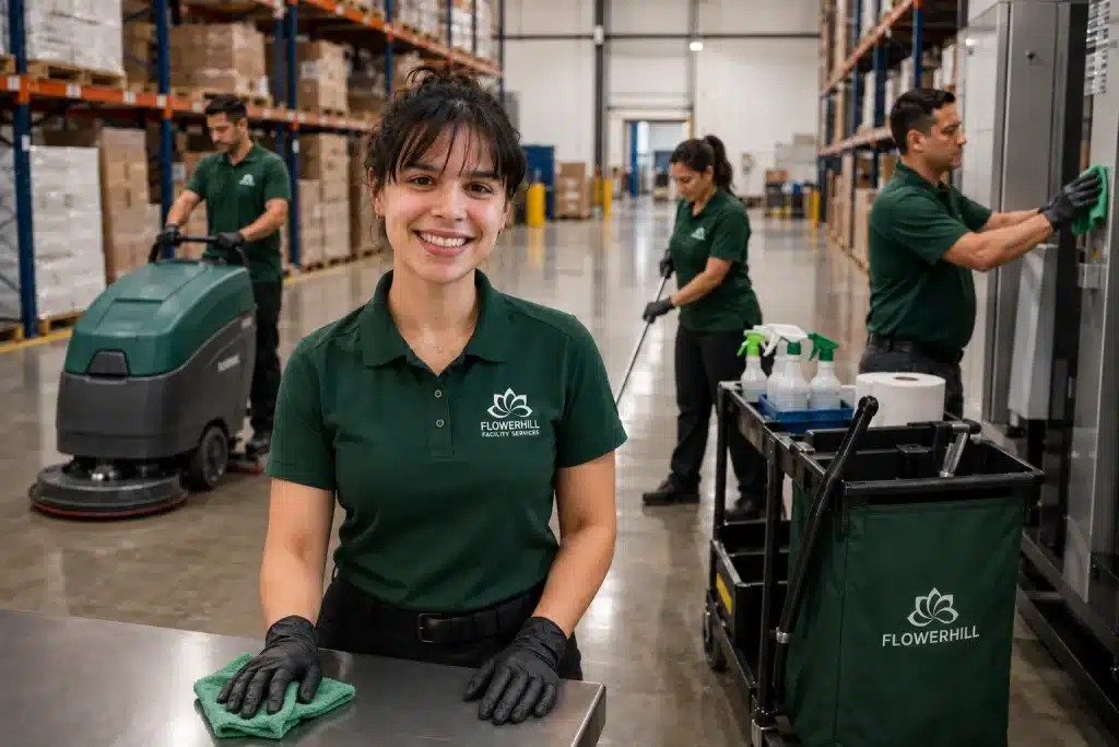 Flower Hill cleaning team performing industrial cleaning in Dallas-Fort Worth warehouse.