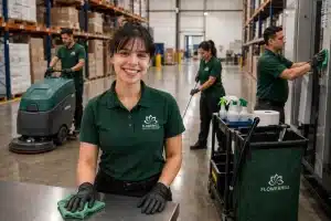 Flower Hill cleaning team performing industrial cleaning in Dallas-Fort Worth warehouse.