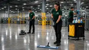 Flower Hill cleaning team mopping large warehouse floor in Dallas-Fort Worth facility.